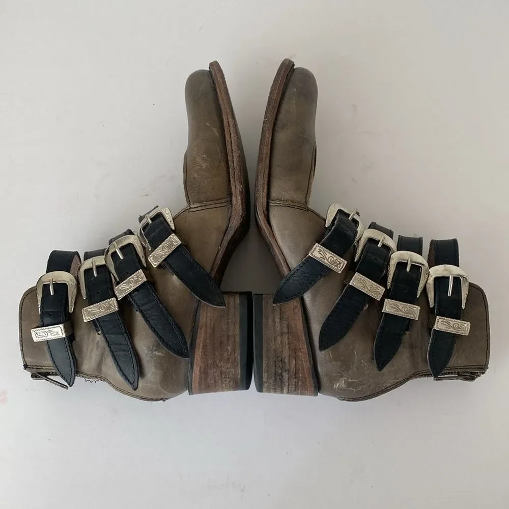 Freebird by Steven Scarlett Olive Brown Multi-Buckle Ankle Boots 8 Boho Western